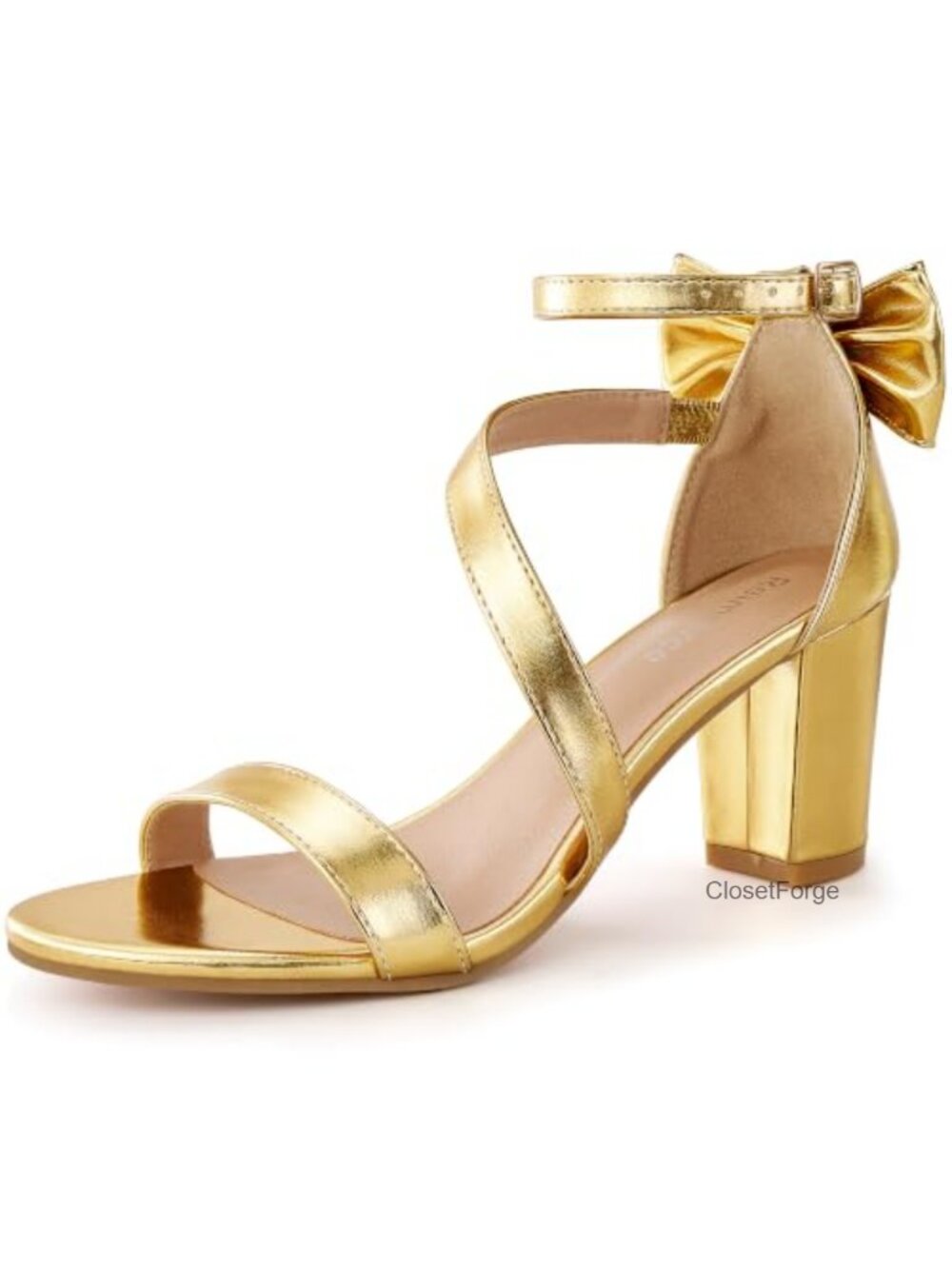 Block Heel Sandals for Women Cushioned Ankle Strap Faux Leather Bow Detail